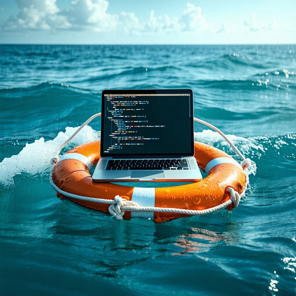 Laptop with source code floating in the middle of the ocean on a lifesaver-1